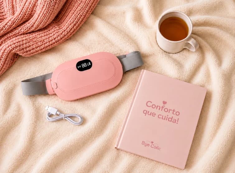 Cinta ByeColic, cabo e embalagem em um ambiente acolhedor